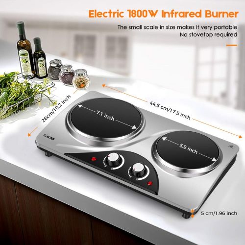  [아마존베스트]CUKOR Electric Hot Plate, 1800W Portable Electric Stove, Infrared Double Burner,Heat-up In Seconds,7.1 Inch Ceramic Glass Double Hot Plate Cooktop for Dorm Office Home Camp, Compat