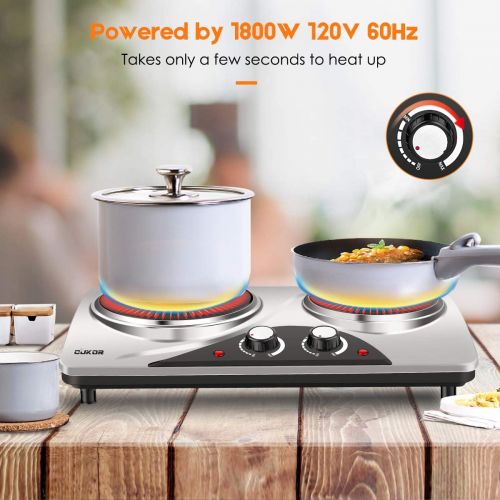  [아마존베스트]CUKOR Electric Hot Plate, 1800W Portable Electric Stove, Infrared Double Burner,Heat-up In Seconds,7.1 Inch Ceramic Glass Double Hot Plate Cooktop for Dorm Office Home Camp, Compat