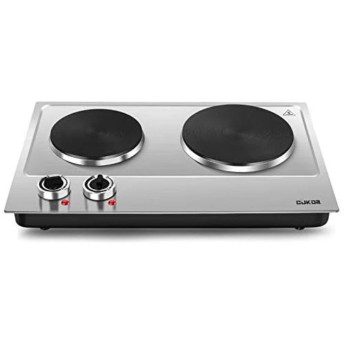  [아마존베스트]CUKOR Cast iron electric hob, 2500 W worktop hob, double electric hob, portable double cooking plate (1500 W + 1000 W) for cooking