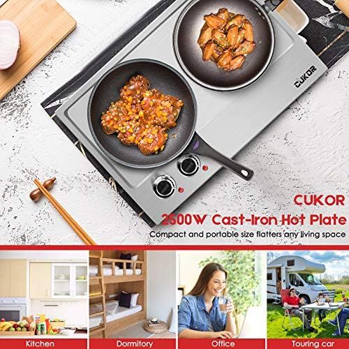  [아마존베스트]CUKOR Cast iron electric hob, 2500 W worktop hob, double electric hob, portable double cooking plate (1500 W + 1000 W) for cooking