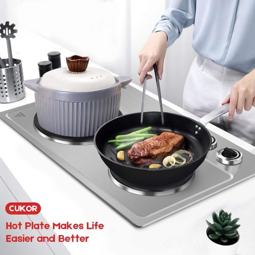  [아마존베스트]CUKOR Cast iron electric hob, 2500 W worktop hob, double electric hob, portable double cooking plate (1500 W + 1000 W) for cooking