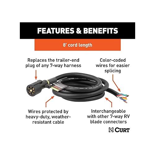  CURT 56602 Replacement 7-Pin RV Blade Trailer Wiring Harness Plug, 8-Foot Blunt-Cut Wires , black