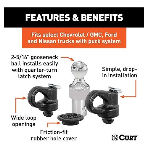  CURT 60639 Puck System Gooseneck Hitch Kit, Fits Select Chevy, Ford, GMC, Nissan Trucks, 38,000 lbs. GTW, 2-5/16-Inch Ball, Pucks Required