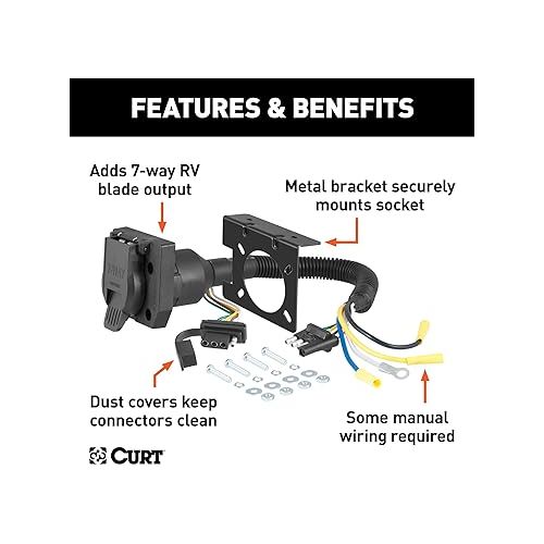  CURT 57672 Dual-Output 4-Way Flat Vehicle-Side to 7-Way RV Blade Trailer Wiring Adapter , Black