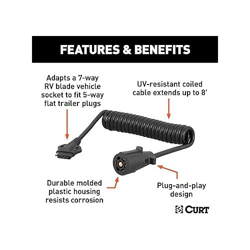  CURT 57282 8-Foot 7-Way RV Blade Vehicle-Side to 5-Way Flat Trailer Wiring Adapter Extension Harness