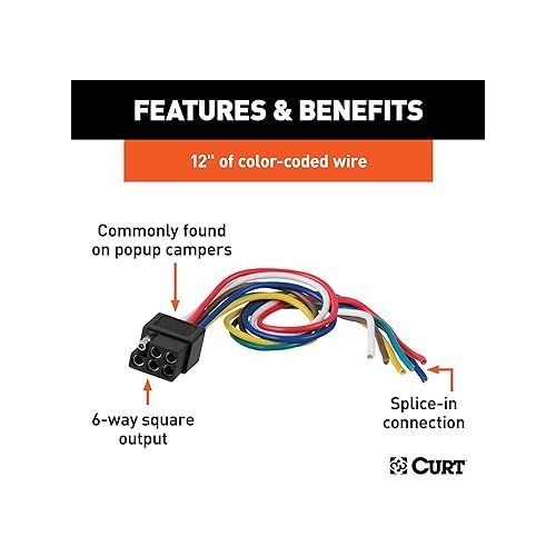  CURT 58035 Vehicle-Side 6-Pin Square Trailer Wiring Harness with 12-Inch Wires