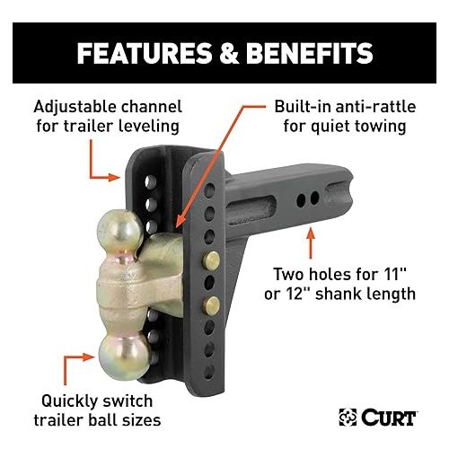  CURT 45902 Adjustable Trailer Hitch Ball Mount, 2-1/2-Inch Receiver, 6-Inch Drop, 2 and 2-5/16-Inch Balls, 20,000 lbs , Black