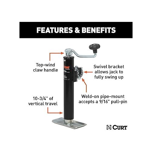  CURT 28351 Weld-On Pipe-Mount Swivel Trailer Jack, 5,000 lbs. 10-3/4 Inches Vertical Travel, CARBIDE BLACK POWDER COAT