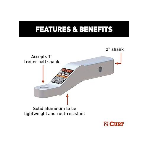  CURT 45360 Aluminum Trailer Hitch Ball Mount, Fits 2-Inch Receiver, 8,000 lbs, 1-Inch Hole, 2-in Drop, 1-in Rise, Black