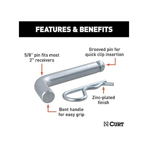  CURT 21504 Trailer Hitch Pin & Clip with Grooved Head, 5/8-Inch Diameter, Fits 2-Inch Receiver