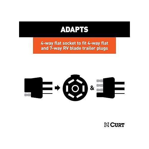  CURT 57102 Dual-Output 4-Way Flat Vehicle-Side to 7-Way RV Blade Trailer Wiring Adapter with Backup Alarm , black