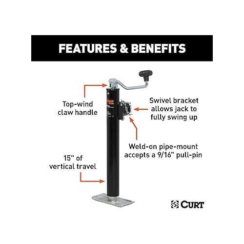  CURT 28356 Weld-On Pipe-Mount Swivel Trailer Jack, 5,000 lbs. 15 Inches Vertical Travel, CARBIDE BLACK POWDER COAT