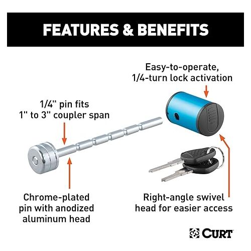  CURT 23503 Right-Angle Trailer Coupler Lock, 1/4-Inch Pin Diameter, Up to 3-Inch Span, BLUE ANODIZED ALUMINUM