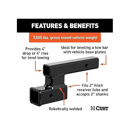  CURT 45798 Trailer Hitch Adapter, 2-Inch Receiver, 4-in Drop or Rise, 7,500 lbs , black