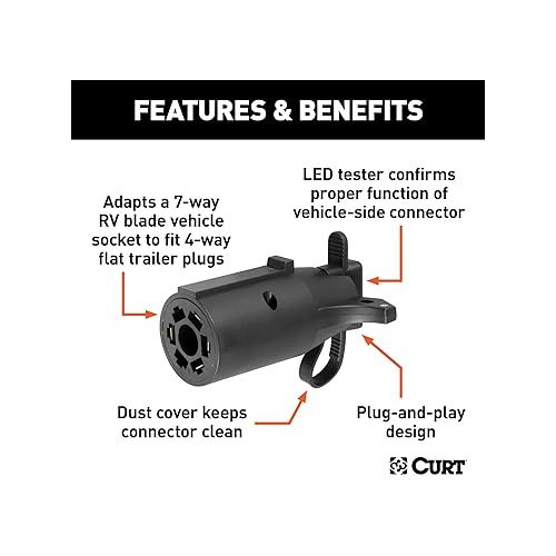  CURT 57245 7-Way RV Blade Vehicle-Side to 4-Way Flat Trailer Wiring Adapter with Tester, Black