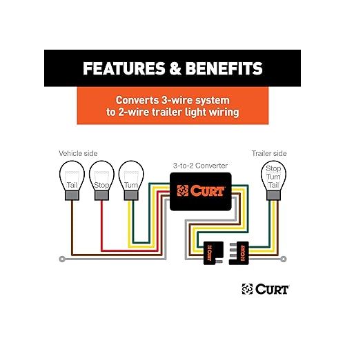  CURT 59496 Weather-Resistant Powered 3-to-2-Wire Splice-in Trailer Tail Light Converter Kit, 4-Pin Wiring Harness , Black