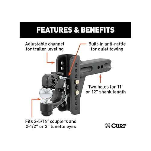  CURT 45908 Adjustable Pintle Hitch Combination, 2-1/2-Inch Receiver, 6-Inch Drop, 2-5/16-Inch Ball, 20,000 lbs, CARBIDE BLACK POWDER COAT