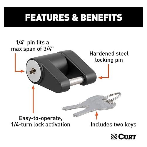  CURT 23521 Black Trailer Tongue Coupler Lock, 1/4-Inch Pin Diameter, Up to 3/4-Inch Span