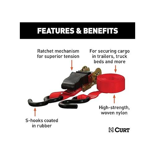  CURT 83001 1-Inch x 10-Foot Red Nylon Ratchet Straps, 1,500 lbs. Break Strength, 2-Pack