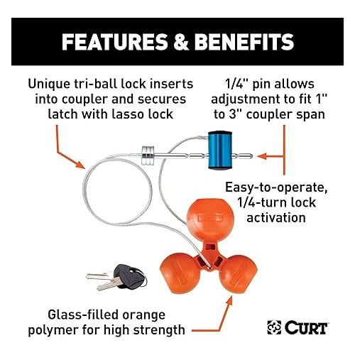  CURT 23082 Universal Tri-Ball Trailer Coupler Lock, Fits 1-7/8, 2, 2-5/16-Inch, Orange