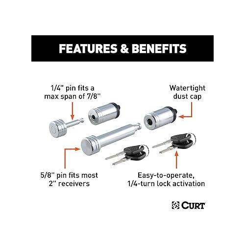  CURT 23526 Trailer Lock Set for 2-Inch Receiver, 7/8-Inch Coupler Latch Span, Chrome