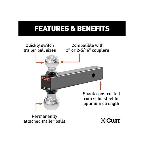  CURT 45665 Multi-Ball Trailer Hitch Ball Mount, 2, 2-5/16-Inch Balls, Fits 2-Inch Receiver, 10,000 lbs