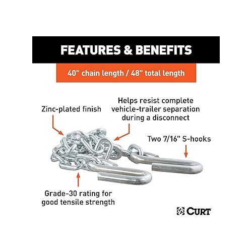  CURT 80031 48-Inch Trailer Safety Chain with 7/16-In S-Hooks, 5,000 lbs Break Strength