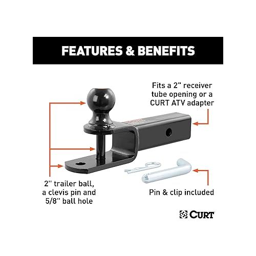 CURT 45009 3-in-1 ATV Trailer Hitch Mount, 2-Inch Ball, Clevis Pin, 5/8-Inch Hole, Fits 2-Inch Receiver, Gloss Black Powder Coat