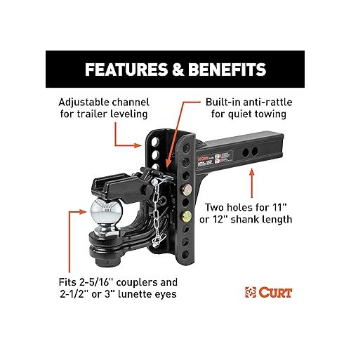  CURT 45907 Adjustable Pintle Hitch Combination, 2-Inch Receiver, 6-Inch Drop, 2-5/16-Inch Ball, 13,000 lbs, CARBIDE BLACK POWDER COAT