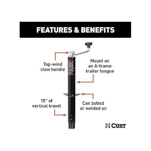  CURT 25007 A-Frame Trailer Tongue Jack, 5,000 lbs. Support Capacity, 15 Inches Vertical Travel