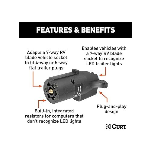  CURT 57004 LED-Compatible 7-Way RV Blade Vehicle-Side to 4-Way Flat Trailer-Side Trailer Wiring Adapter , Black