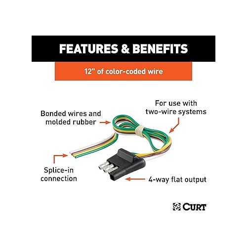  CURT 58030 Trailer-Side 4-Pin Flat Wiring Harness with 12-Inch Wires