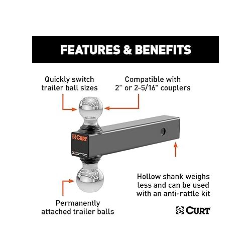  CURT 45002 Multi-Ball Trailer Hitch Ball Mount, 2, 2-5/16-Inch Balls, Fits 2-Inch Receiver, 10,000 lbs