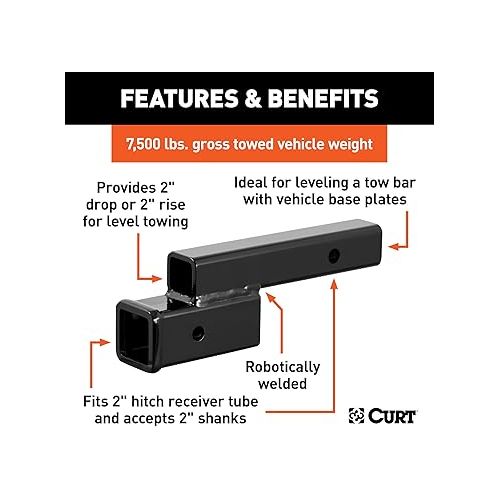  CURT 45797 Trailer Hitch Adapter, 2-Inch Receiver, 2-in Drop or Rise, 7,500 lbs, Gloss Black Powder Coat