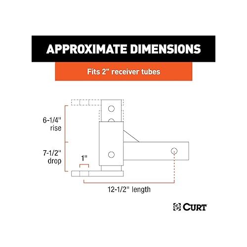  CURT 45812 Adjustable Trailer Hitch Mount, Fits 2-Inch Receiver, 7-1/2-Inch Drop, 1-Inch Hole, 5,000 lbs, GLOSS BLACK POWDER COAT