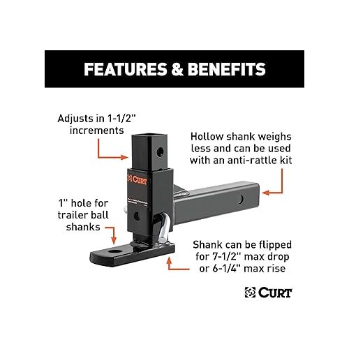  CURT 45812 Adjustable Trailer Hitch Mount, Fits 2-Inch Receiver, 7-1/2-Inch Drop, 1-Inch Hole, 5,000 lbs, GLOSS BLACK POWDER COAT