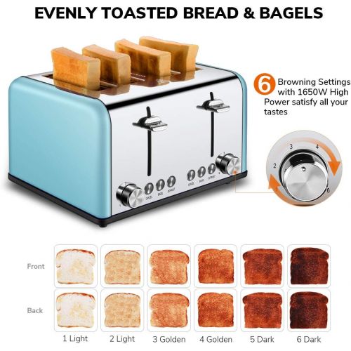  [아마존 핫딜] [아마존핫딜]4 Slice Toaster, CUSIBOX Extra Wide Slots Toaster with Bagel, Defrost, Cancel Function, Colorful Stainless Steel, 6 Bread Shade Settings, 1650W, Blue
