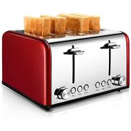 4 Slice Toaster, CUSIBOX Stainless Steel Toaster with Bagel, Defrost, Cancel Function, Extra Wide Slots, 6 Bread Shade Settings, 1650W, Red