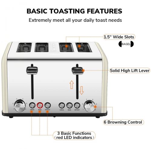  4 Slice Toaster, CUSIBOX Extra Wide Slots Bagel Toaster Stainless Steel with 6 Bread Browning Settings, BAGELDEFROSTCANCEL Function, 1650W, Cream