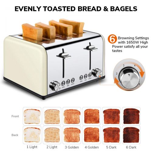  4 Slice Toaster, CUSIBOX Extra Wide Slots Bagel Toaster Stainless Steel with 6 Bread Browning Settings, BAGELDEFROSTCANCEL Function, 1650W, Cream