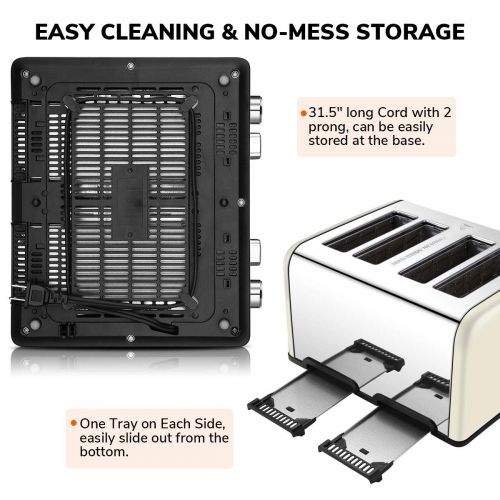  4 Slice Toaster, CUSIBOX Extra Wide Slots Bagel Toaster Stainless Steel with 6 Bread Browning Settings, BAGELDEFROSTCANCEL Function, 1650W, Cream