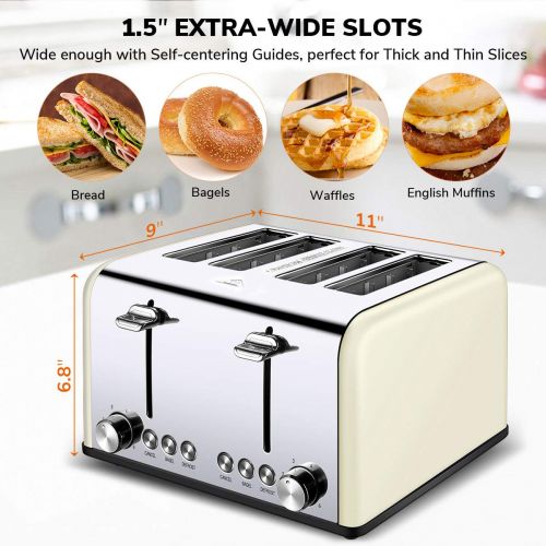  4 Slice Toaster, CUSIBOX Extra Wide Slots Bagel Toaster Stainless Steel with 6 Bread Browning Settings, BAGELDEFROSTCANCEL Function, 1650W, Cream