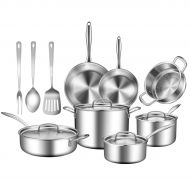 CUSIBOX Stainless Steel Cookware Set, 14 Piece Triple Ply Cookware Set Professional Grade Pots and Pans Set, Induction Ready/Toxin Free/Dishwasher&Oven Safe, Silver
