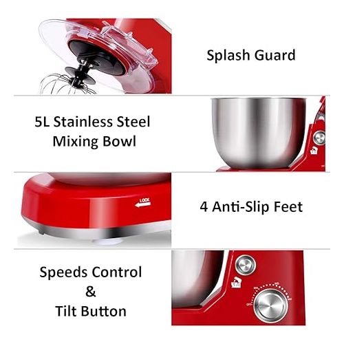  CUSIMAX Stand Mixer with 5-QT Stainless Steel Bowl, Tilt-Head Kitchen Electric Mixer with Dough Hook, Mixing Beater and Whisk, Splash Guard (Red)