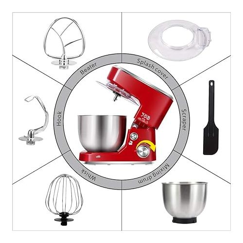  CUSIMAX Stand Mixer with 5-QT Stainless Steel Bowl, Tilt-Head Kitchen Electric Mixer with Dough Hook, Mixing Beater and Whisk, Splash Guard (Red)