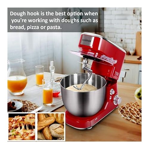  CUSIMAX Stand Mixer with 5-QT Stainless Steel Bowl, Tilt-Head Kitchen Electric Mixer with Dough Hook, Mixing Beater and Whisk, Splash Guard (Red)