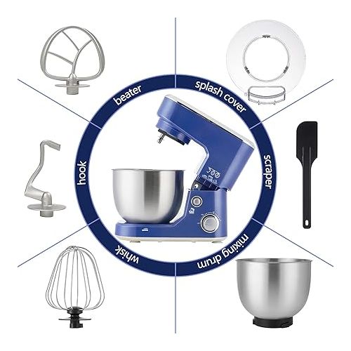  CUSIMAX Stand Mixer with 5-QT Stainless Steel Bowl, Tilt-Head Kitchen Electric Mixer with Dough Hook, Mixing Beater and Whisk, Splash Guard (Blue)