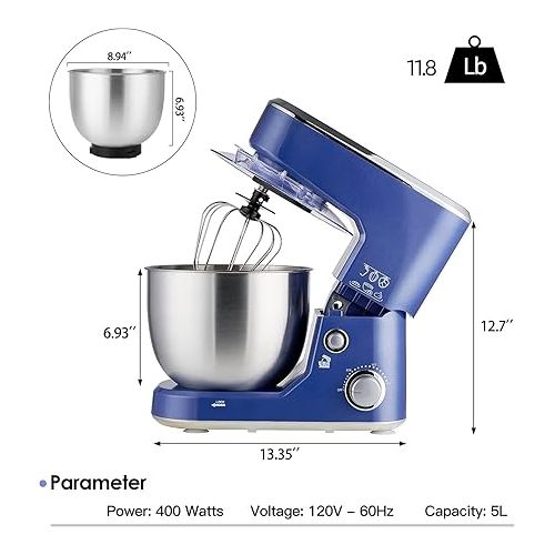  CUSIMAX Stand Mixer with 5-QT Stainless Steel Bowl, Tilt-Head Kitchen Electric Mixer with Dough Hook, Mixing Beater and Whisk, Splash Guard (Blue)