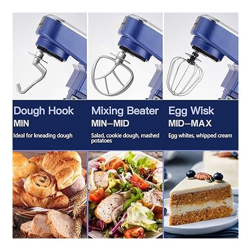  CUSIMAX Stand Mixer with 5-QT Stainless Steel Bowl, Tilt-Head Kitchen Electric Mixer with Dough Hook, Mixing Beater and Whisk, Splash Guard (Blue)