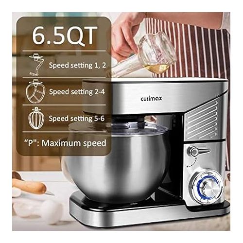  Stand Mixer, CUSIMAX 6.5QT Stainless Steel Mixer 6-Speeds Tilt-Head Dough Mixers for Baking with Dough Hook, Wire Whisk & Flat Beater, Splash Guard for Home Cooking kitchen Mixer, Silver